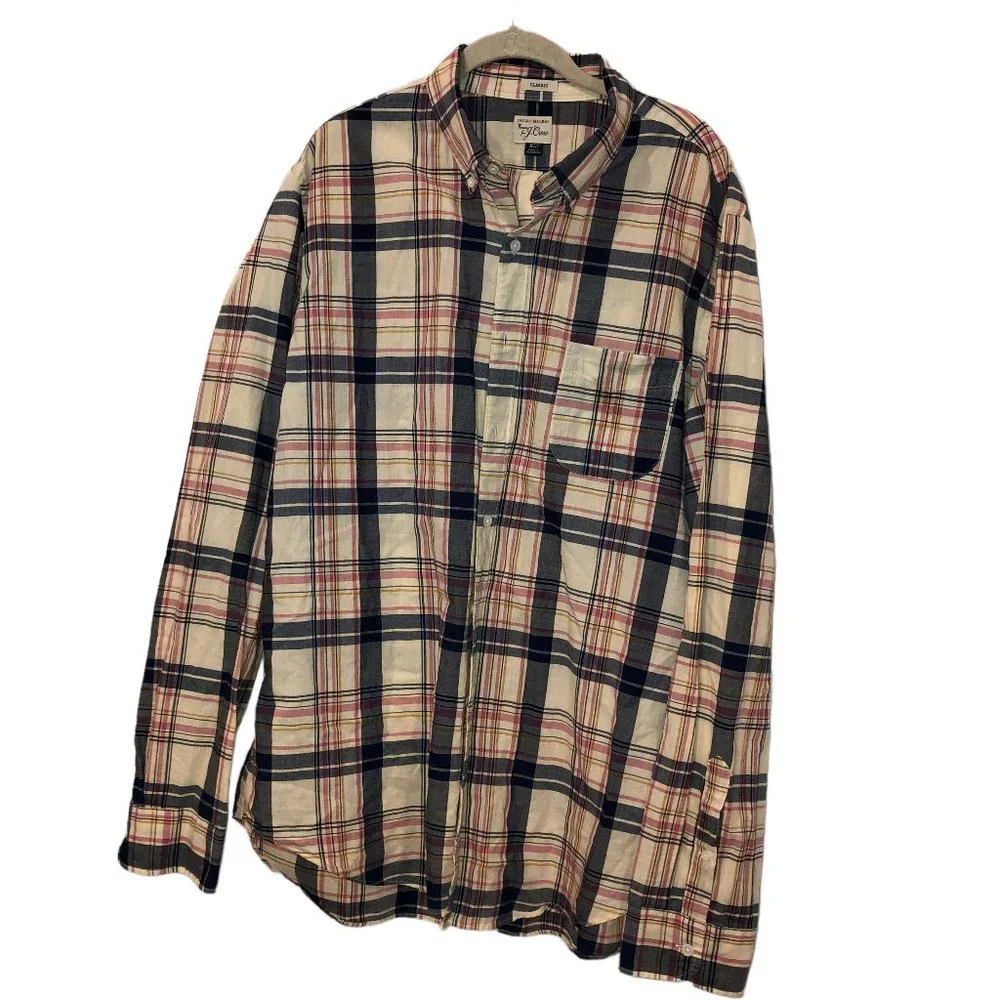 J. Crew Indian Madras woven blue pink plaid button down shirt XLT